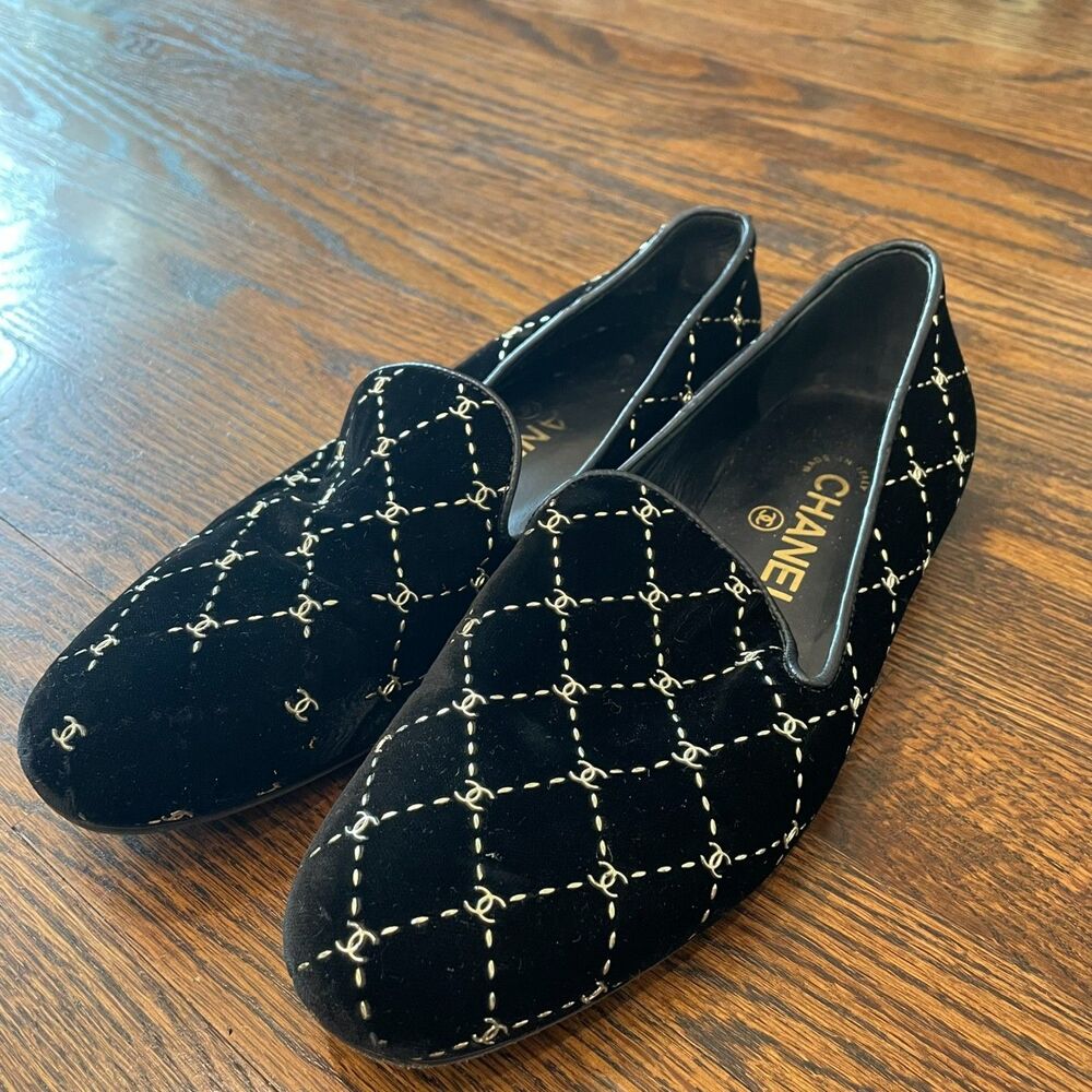 CHANEL Black Velvet Diamond Loafers Logo Smoking Slippers